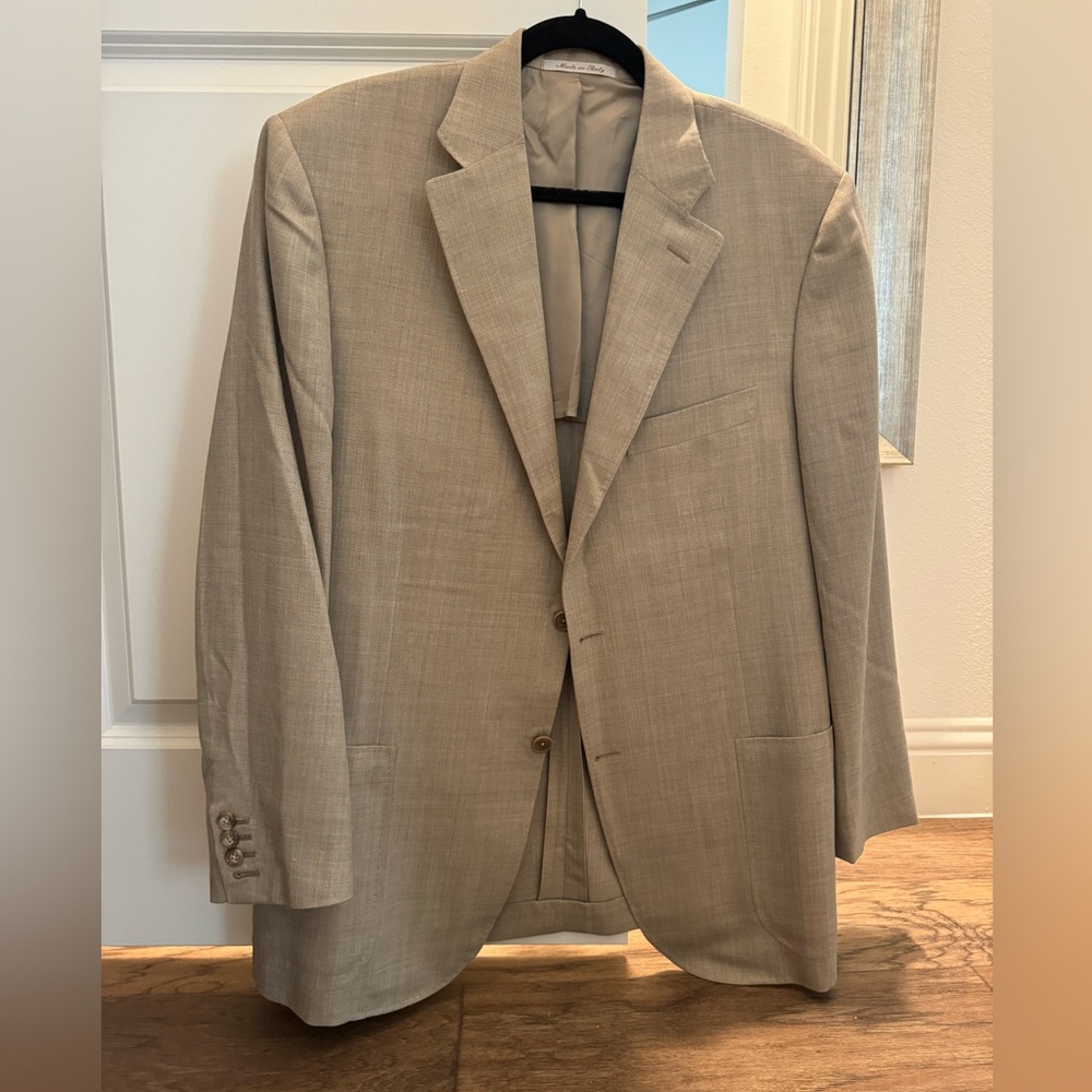 Canali wool-blend men’s sport coat in a sandy, tan color. Size 54R.